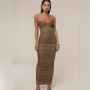 Bronze Ruched Metallic Maxi Dress